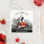 Spooky Halloween Birthday Pumpkin Crow Skull   Napkin<br><div class="desc">These spooky Halloween paper napkins are perfect for a Halloween birthday party. These party napkins for Halloween birthday feature a black splotched ink background with a fiery jack o'lantern,  human skull,  black crow,  and a witches broom. Personalize with the name of your choice.</div>