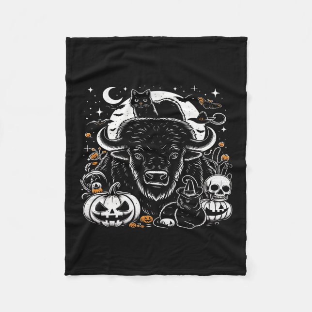 Spooky Halloween Bison Pumpkin Buffalo Cat Funny G Fleece Blanket (Front)