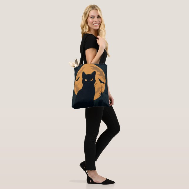 Spooky Halloween Black Cat Silhouette Full Moon Tote Bag (On Model)