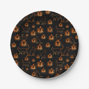 Spooky Halloween Black Cats and Pumpkin Pattern Paper Plate