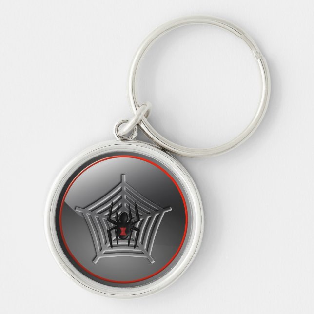 Spooky Halloween Black Widow Spider on a Web Keychain (Front)