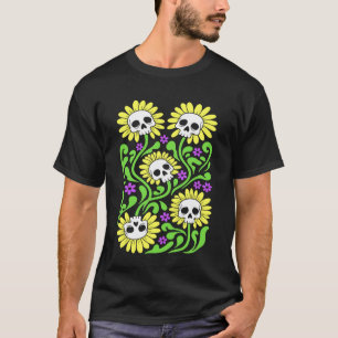 Spooky Halloween Boho Flower Skulls Wildflower Bot T-Shirt