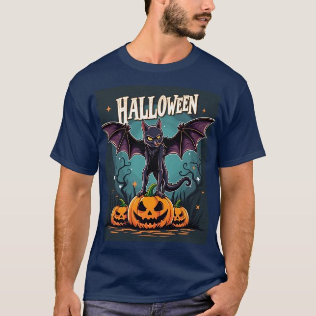  Spooky Halloween Cat: Bat Wings & Pumpkins T-Shirt (Front)
