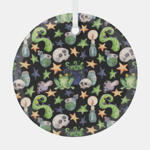 Spooky Halloween: Dark Hand-Drawn Pattern. Glass Ornament