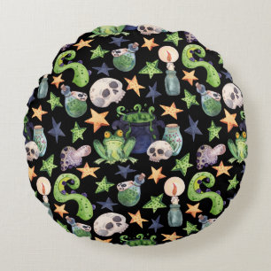 Spooky Halloween: Dark Hand-Drawn Pattern. Round Pillow