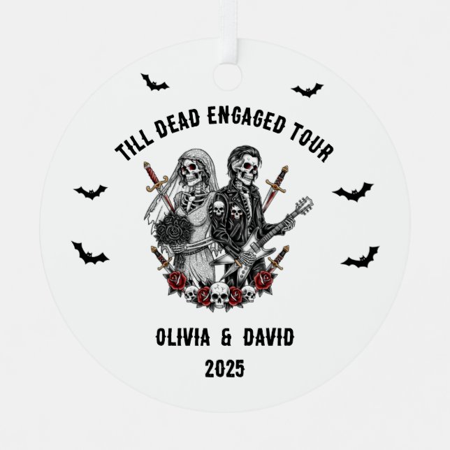 Spooky Halloween Engaged Rock Skeleton Metal Ornament (Front)