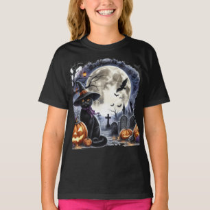 Spooky Halloween Full Moon and Black Cat  T-Shirt