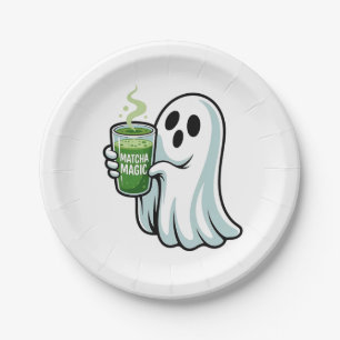 Spooky Halloween Ghost Drinking Matcha Drink Paper Plate