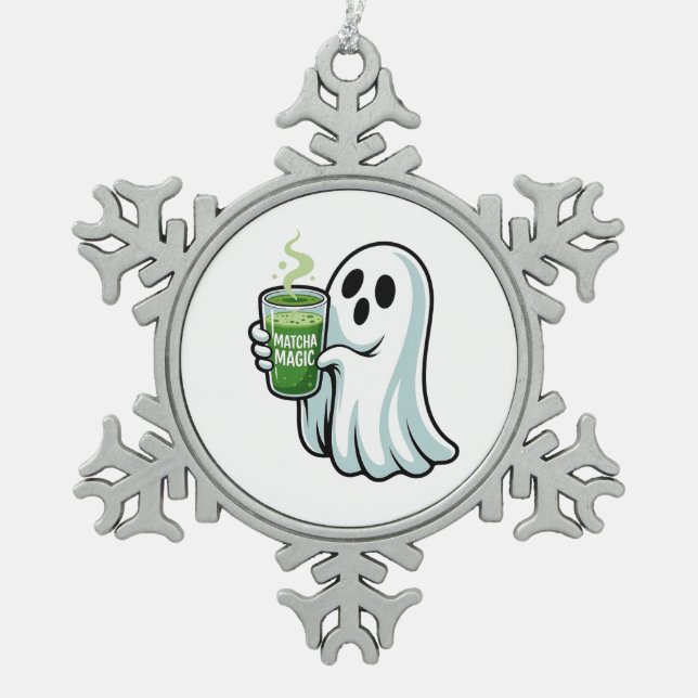 Spooky Halloween Ghost Drinking Matcha Drink  Snowflake Pewter Christmas Ornament (Front)
