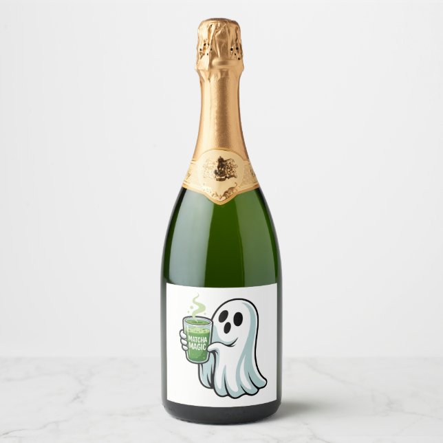 Spooky Halloween Ghost Drinking Matcha Drink  Sparkling Wine Label (Front)
