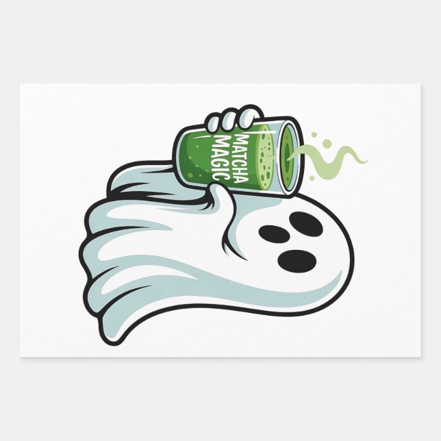 Spooky Halloween Ghost Drinking Matcha Drink  Wrapping Paper Sheet (Front)
