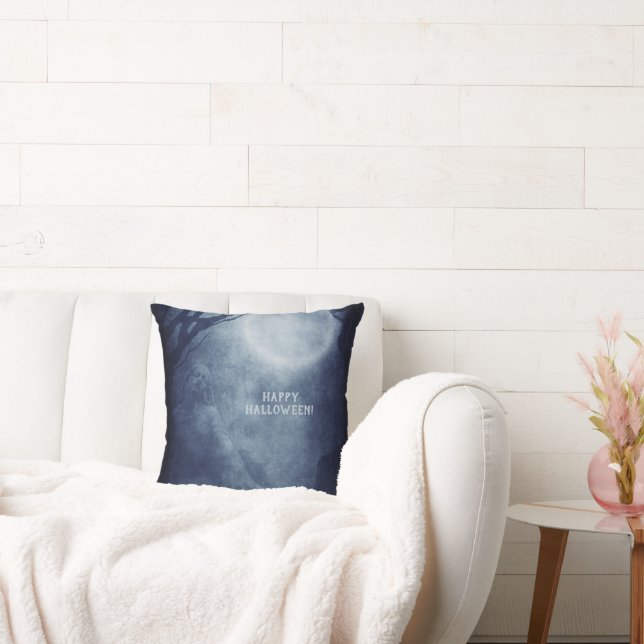 Spooky Halloween Ghost Full Moon at Night Throw Pillow (Couch)