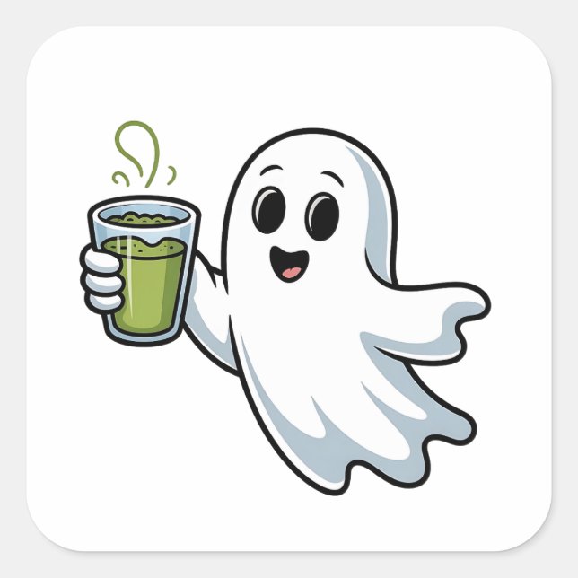 Spooky Halloween Ghost Holding Matcha  Square Sticker (Front)