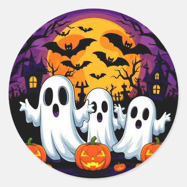 Spooky Halloween Ghost Scene Classic Round Sticker (Front)