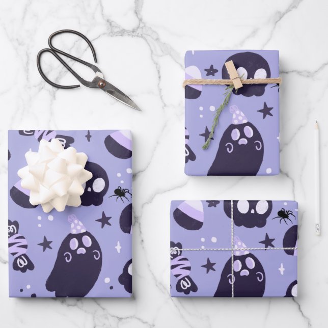 Spooky Halloween Ghost, Scull, Candy, Purple   Wrapping Paper Sheet (Front)