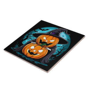 Spooky Halloween ghost with enchanted pumpkins Tile