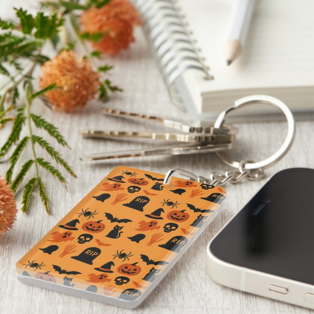 Spooky Halloween Gift – Classic Black & Orange Keychain (Front Right)