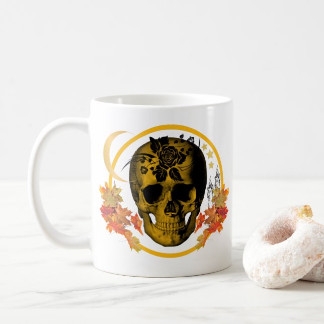 Spooky Halloween golden Skull with black Rose Coffee Mug (With Donut)