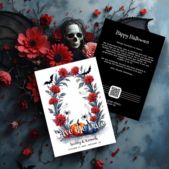 Spooky Halloween Gothic Arch Wedding Save The Date (Halloween Gothic Arch Wedding Save the Date Card with Pumpkins, Ghosts, Bats, Spiders and QR Code.)