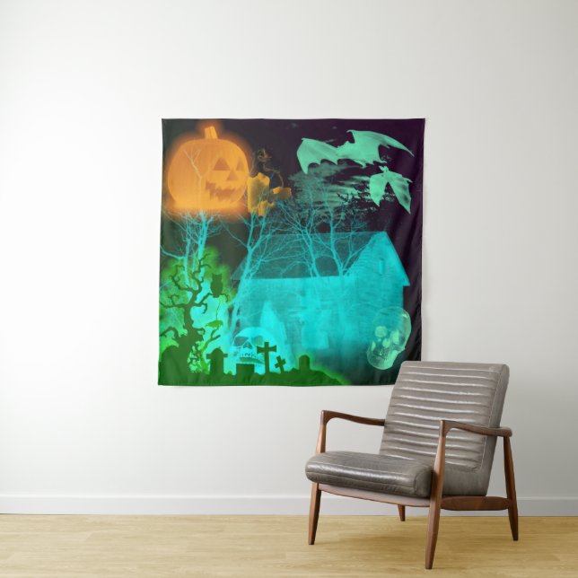 Spooky Halloween Graveyard Tapestry (In Situ)