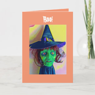 Spooky Halloween Green Witch Face Greeting  Card