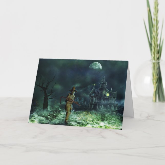 Spooky Halloween Grim Reaper and Haunted House Card (Front)