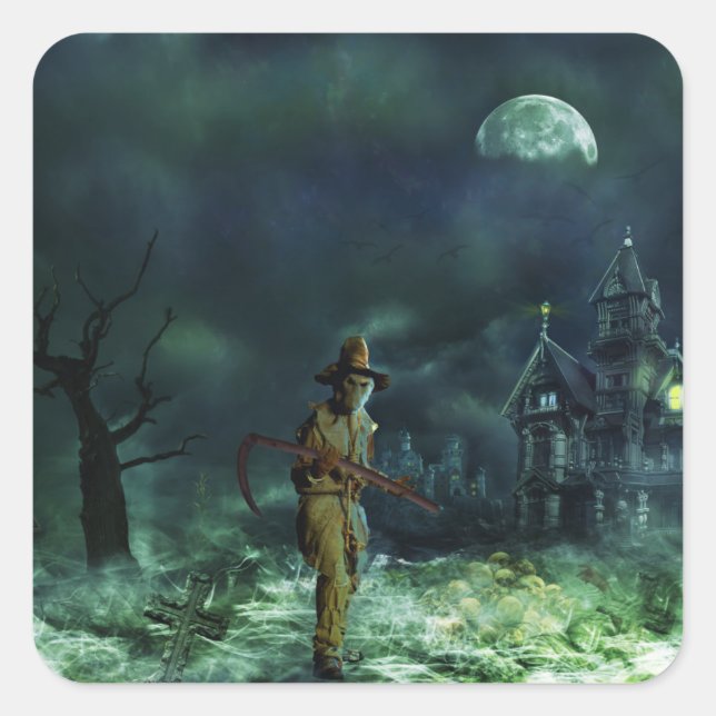 Spooky Halloween Grim Reaper and Haunted House Square Sticker (Front)