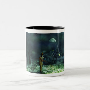 Spooky Halloween Grim Reaper and Haunted House Two-Tone Coffee Mug