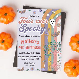Spooky Halloween Groovy Rainbow 4th Birthday Party Invitation