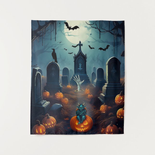 Spooky Halloween Haunted Grave Yard Tapestry (Front)
