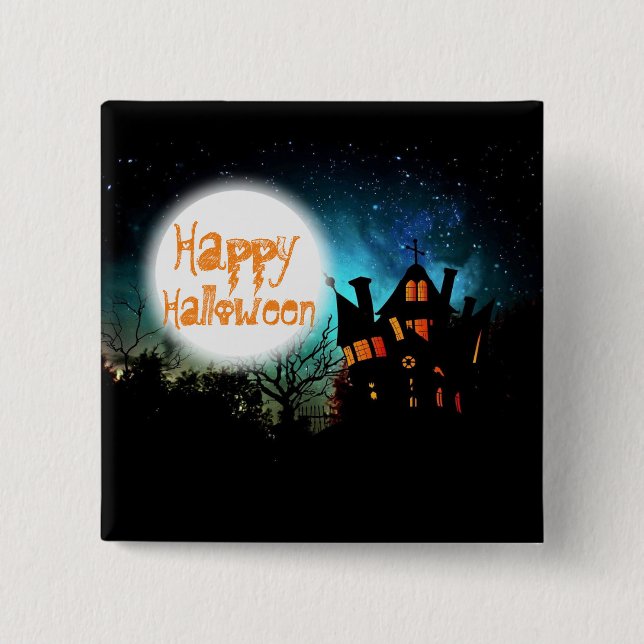 Spooky Halloween Haunted House 2 Inch Square Button (Front)
