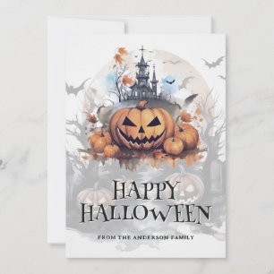 Spooky Halloween Haunted House Bats Jack-O-Lantern Holiday Card