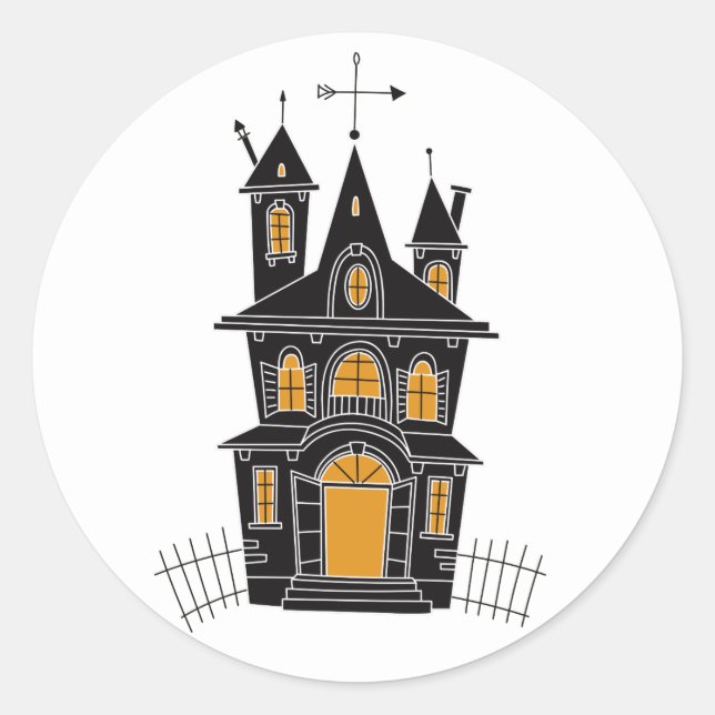 Spooky Halloween haunted house fence black orange Classic Round Sticker (Front)
