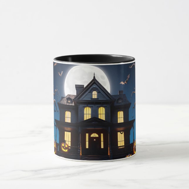 Spooky Halloween Haunted House Mug with Full Moon (Center)