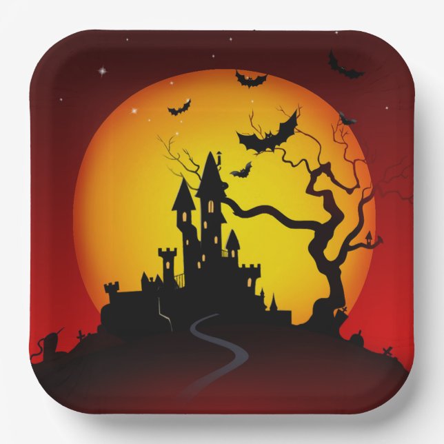 Spooky Halloween Haunted House Paper Plate (Front)