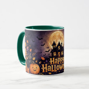 Spooky Halloween Haunted House Pumpkin Bats Mug