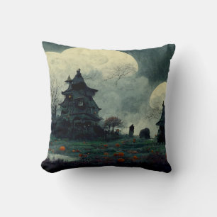 Spooky Halloween Haunted House Throw Pillow