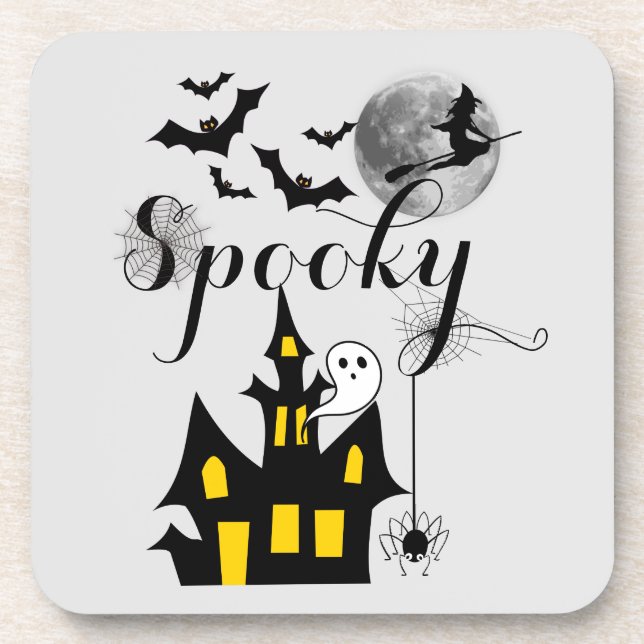 Spooky Halloween Haunted House with Witch and Bats Coaster (Front)