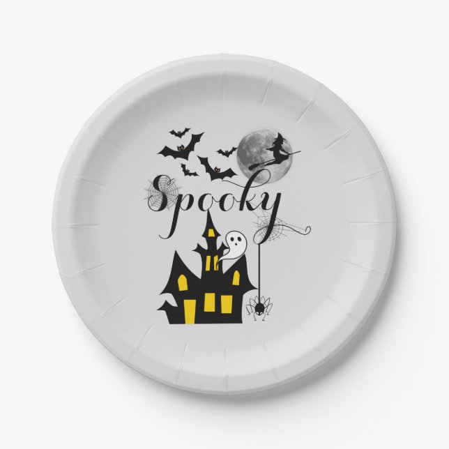 Spooky Halloween Haunted House with Witch and Bats Paper Plate (Front)