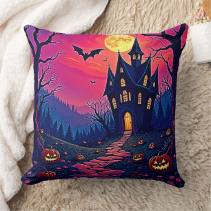 Spooky Halloween Haunted Mansion Art Throw Pillow