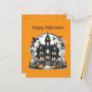 Spooky Halloween haunter house Holiday Postcard