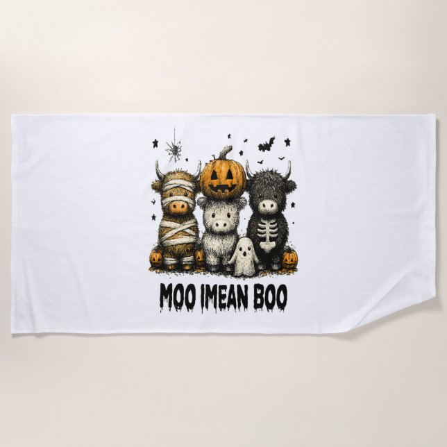 Spooky Halloween Highland Cow Beach Towel (Front)