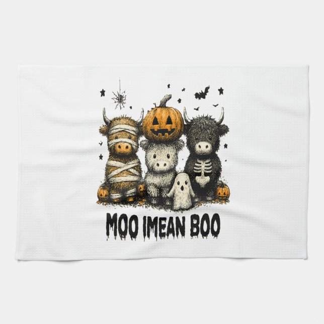 Spooky Halloween Highland Cow Kitchen Towel (Horizontal)