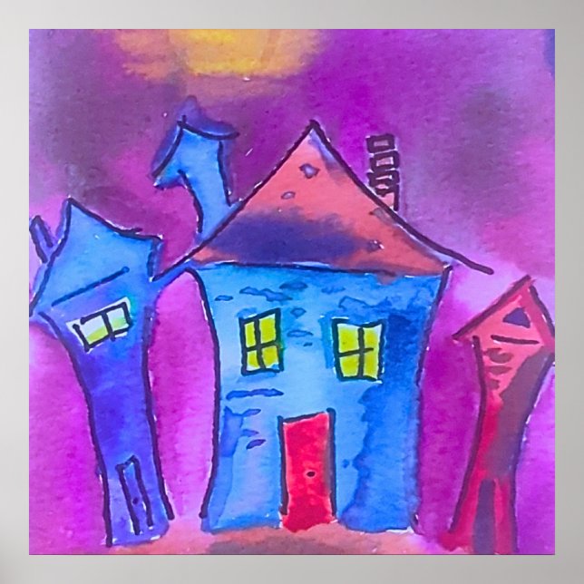 Spooky Halloween Houses Watercolor Poster (Front)