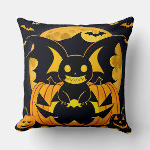Spooky Halloween Illustration Featuring Bat Pumpki Throw Pillow