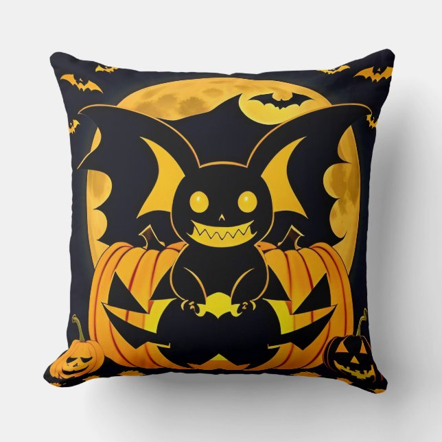 Spooky Halloween Illustration Featuring Bat Pumpki Throw Pillow (Front)