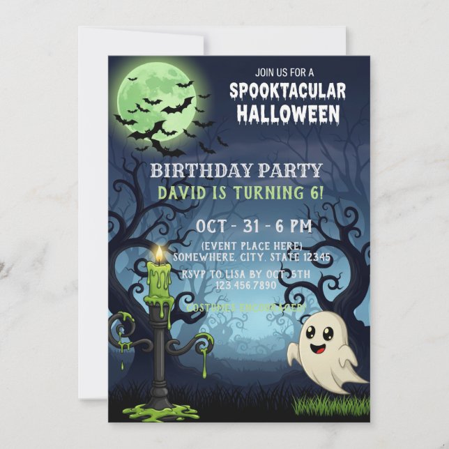 Spooky Halloween Invitation Card with Ghost, Bats (Front)