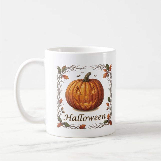 Spooky Halloween Jack-o'-Lantern Autumn Leaf Frame Coffee Mug (Left)