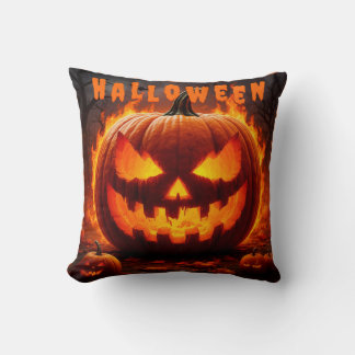 Spooky Halloween Jack-O'-Lantern with Flame Throw Pillow