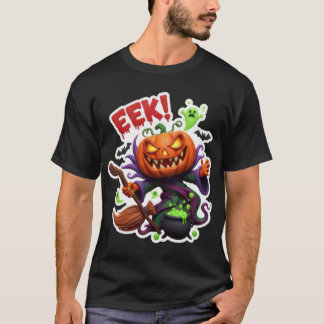Spooky Halloween jackolantern witch with broom cau T-Shirt